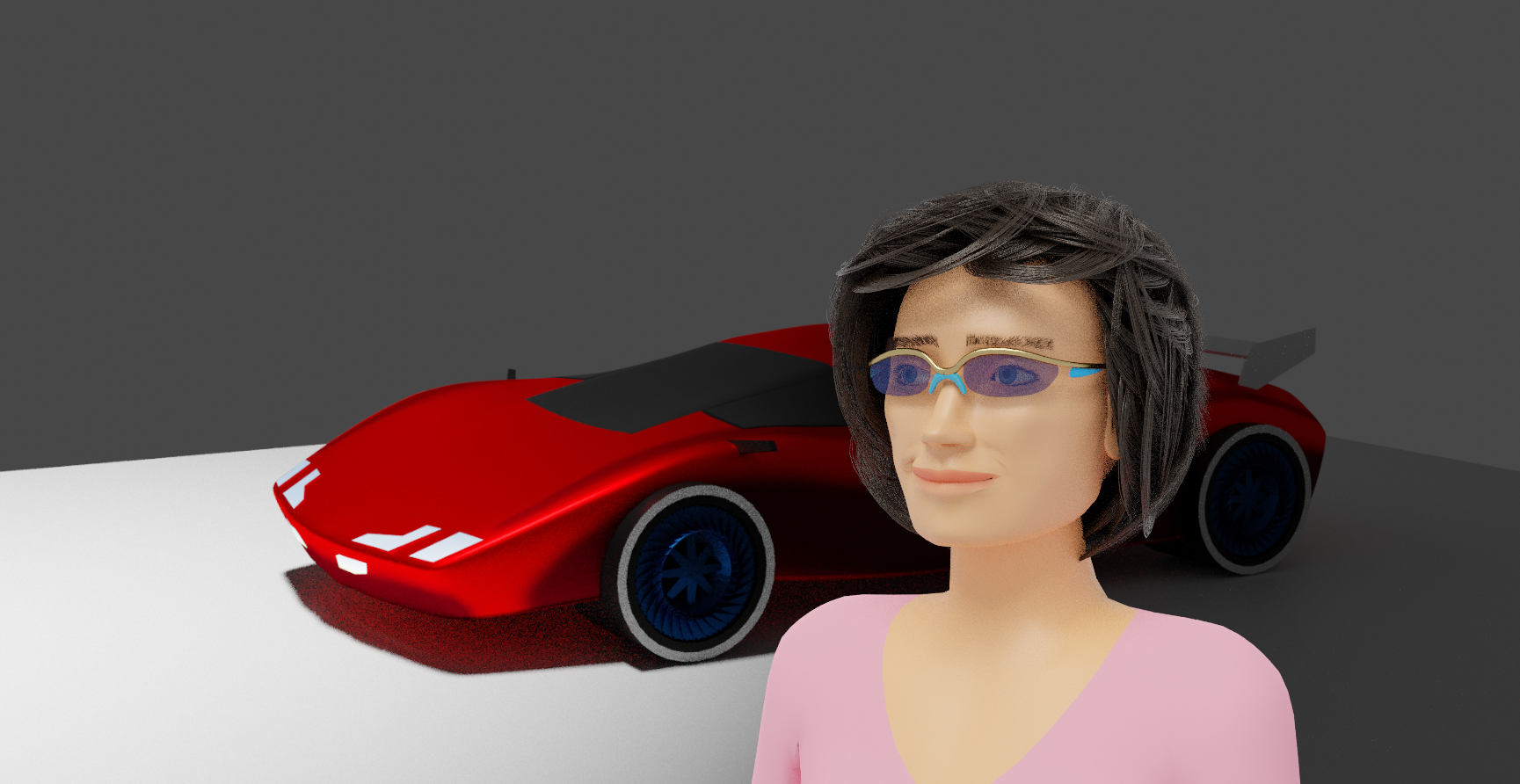 Image en 3d d'une voiture de sport rouge avec sa conductrice
